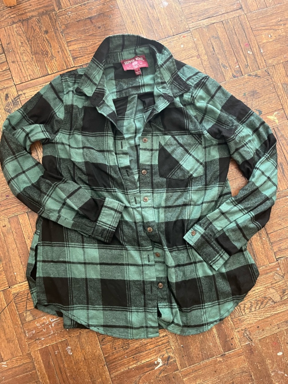 Hippie Rose flannel Green & Black Plaid Button-Up Shirt sz Small